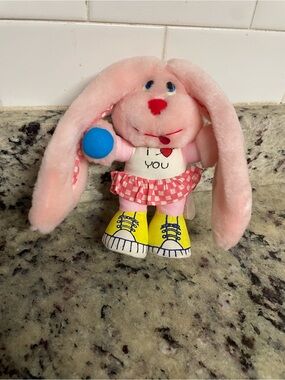 Vintage showtime Pink floppy ears Plush Bunny Doll nostalgic gift I ♥ You Dress